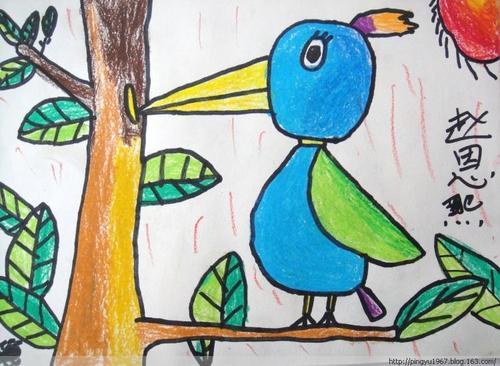 啄木鸟捉虫记-大树和小鸟儿童画9