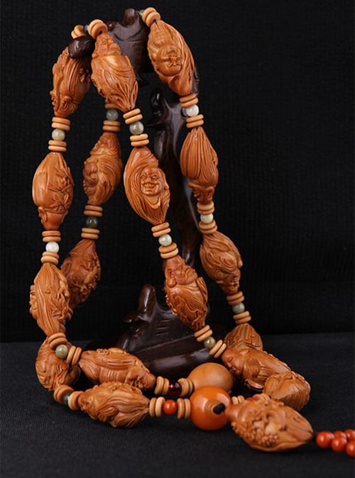 橄榄核雕男长串十八罗汉项链手串南工纯手工雕刻老油红核宋水官12
