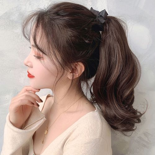 假发女长发马尾真头发绑带式假马尾卷发扎马辫子真人