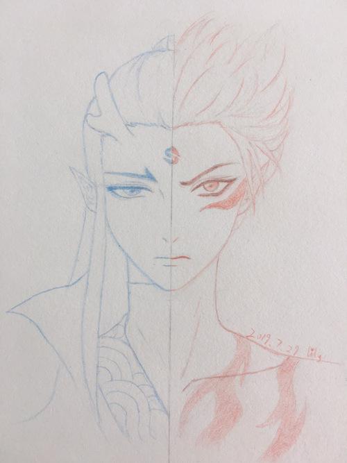 临摹一张哪吒x敖丙,自古红蓝出.