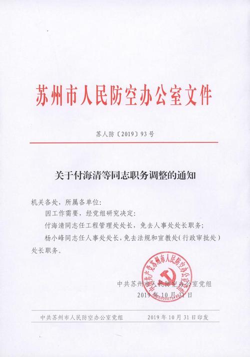 关于付海清等同志职务调整的通知(2019.10.31)