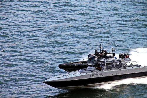 两艘警察快艇,不知道有什么情况,两艘快艇鸣着警笛从邮轮左侧飞了过去