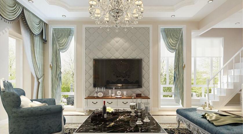 窗户上的窗帘搭配上深色软包的电视背景墙为整个客厅又多了一份色彩.