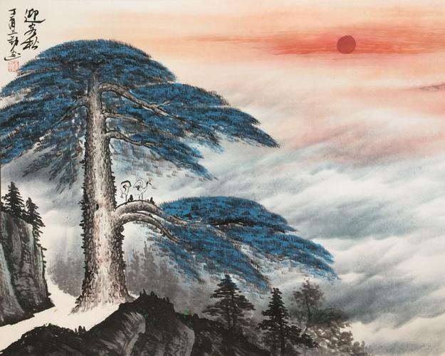 迎客松国画水墨山水画客厅大厅办公室字画装饰挂画风景纯手绘迎客松