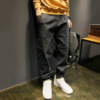 加肥加大码胖子松紧弹力收口小脚裤男束腿长裤子 黑色 38(175-190斤)
