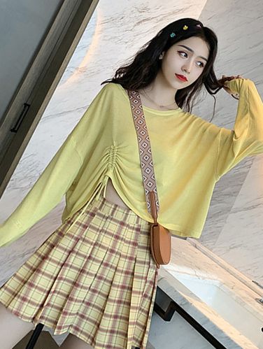 时尚套装网红百褶格子短裙套装女春季新款宽松抽绳针织衫两件套