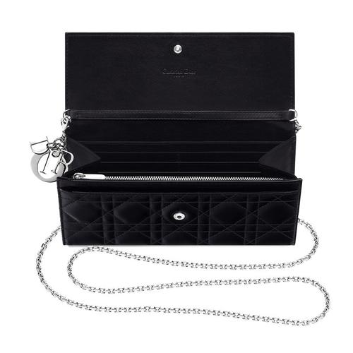 【包邮包税】dior/迪奥 经典款lady dior 女士黑色小牛皮漆皮银扣钱包