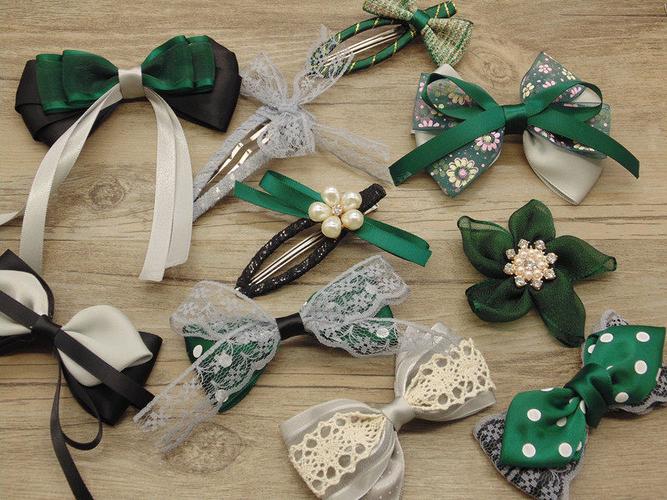 时尚墨绿黑灰色系发夹蝴蝶结头饰材料包diy手工制作发卡头饰丝带