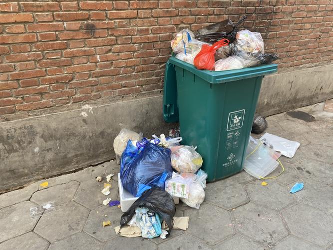 厨余垃圾桶垃圾混投混放,垃圾满溢,周围脏乱.