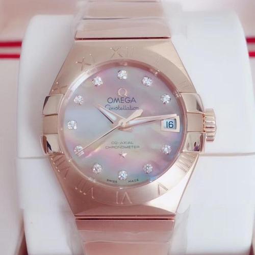 omega 欧米茄星座18k玫瑰金机械女表