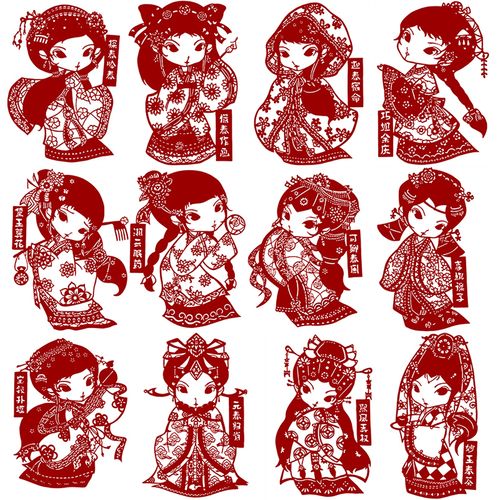 卡通红楼梦十二钗人物刻图案底稿剪纸素材图样剪纸