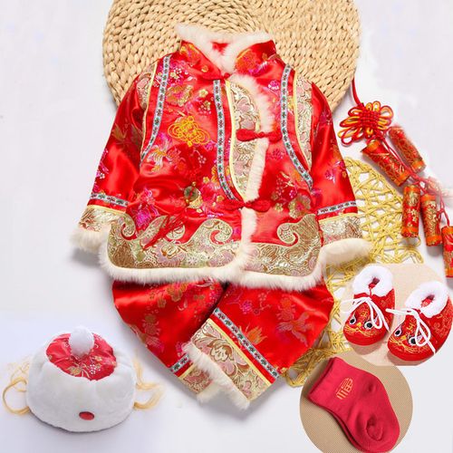 婴儿唐装女宝宝新年过年加厚冬季幼儿童红色衣服百岁周岁拜年礼服