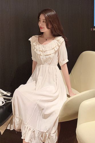 夏季新款韩版甜美荷叶领淑女气质短袖中长款连衣裙温柔风度假裙