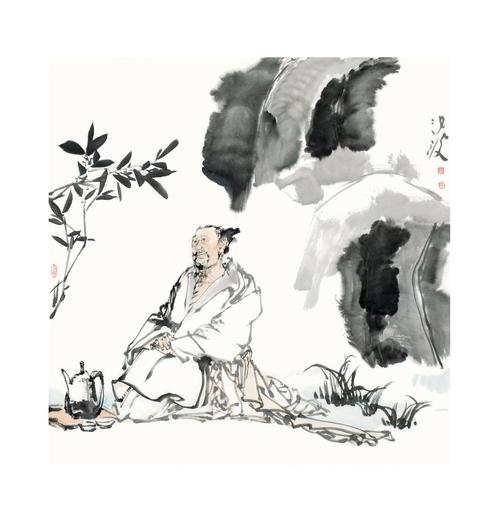 老翁独坐-国画-袁汝波-68*68-淘艺宝