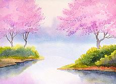 春天风景水彩画