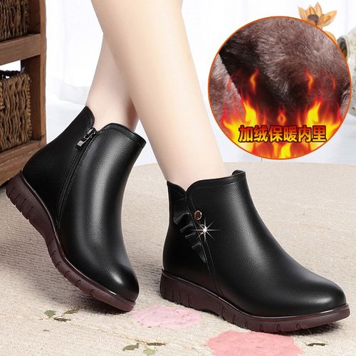 啄木鸟【特价捡漏】同款冬季中老年女鞋短靴女平底中年皮鞋保暖软底