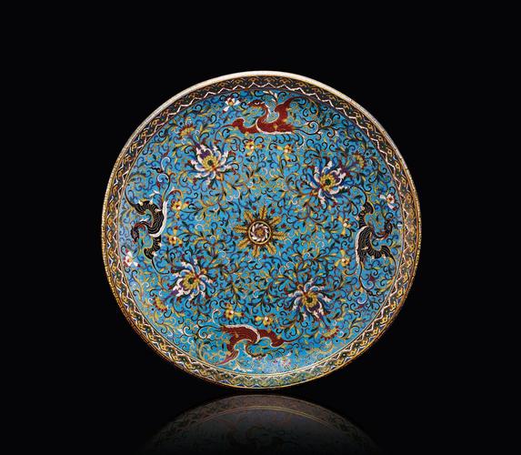 *3572 清雍正 铜胎掐丝珐琅花鸟大盘