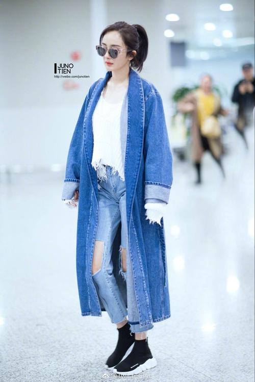 2017春夏季新款明星杨幂机场同款蓝色大破洞直筒拉链流苏牛仔裤女
