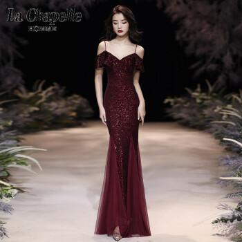 la 吊带敬酒服酒红色2022新款夏季结婚气质新娘鱼尾主持人晚礼服裙女