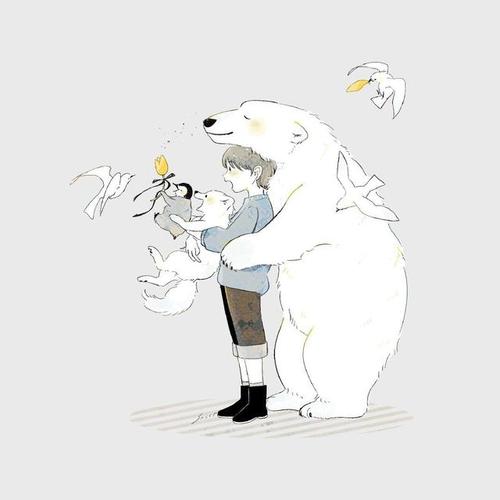 极地动物与人插画,色彩清新,温暖治愈系画风