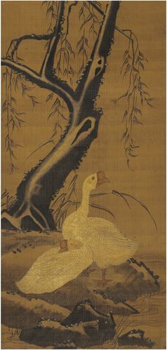 边鸾(款)〔唐〕 柳岸双鹅图