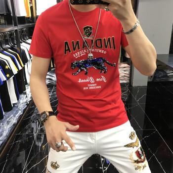 男潮流刺绣2022新款欧洲站士t恤个性豹子亮片帅气网红圆领红色y001