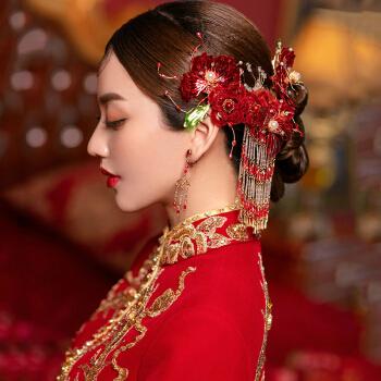 秀禾头饰2021新款中式新娘大气红色造液花发饰结婚凤冠秀禾服配饰头饰