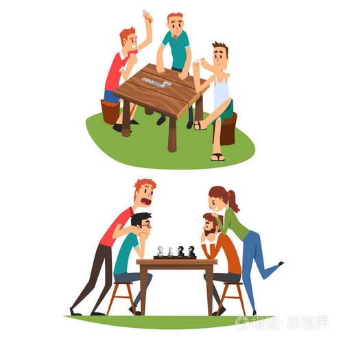 桌上游戏设置,朋友玩多米诺骨牌和下棋,一群朋友花时间在一起矢量图