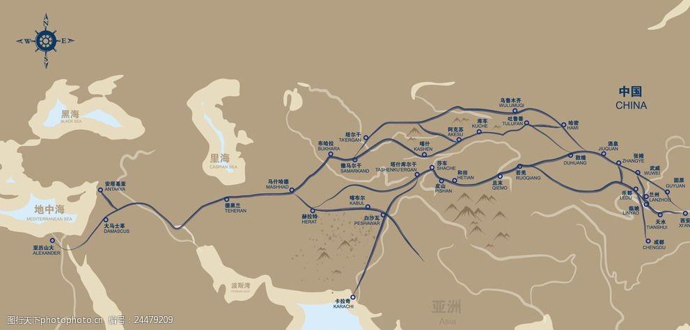 关键词:古代海上丝绸之路线路图 中国 亚洲 波斯 里海 黑海 地中海