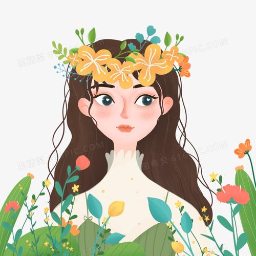 唯美人物免抠元素图精灵为您提供手绘卡通小清新植物森系文艺少女插画