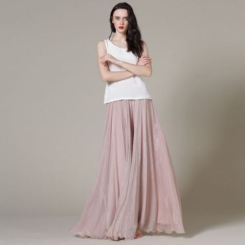 涂月 涂月女装8米大摆 裸色雪纺裙子长裙 女半身裙 夏季纱裙沙滩裙