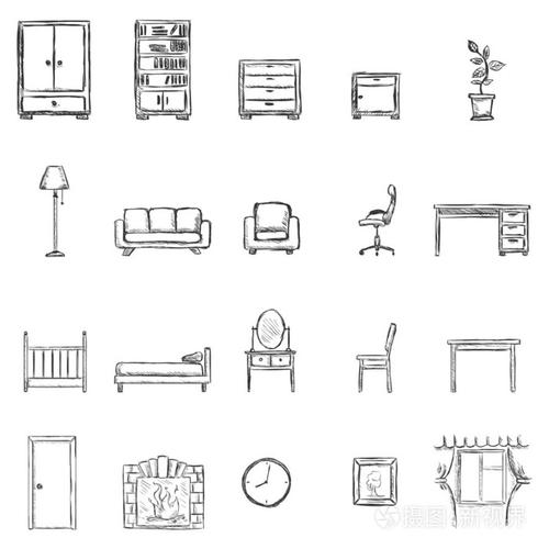 向量集的素描家具图标