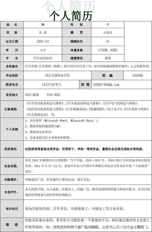 汽车专业简历模板下载