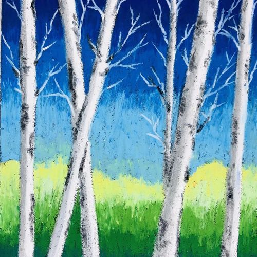 步骤三:运用黑色的重彩棒绘画出白桦树的树干纹路及细小的分枝部分.