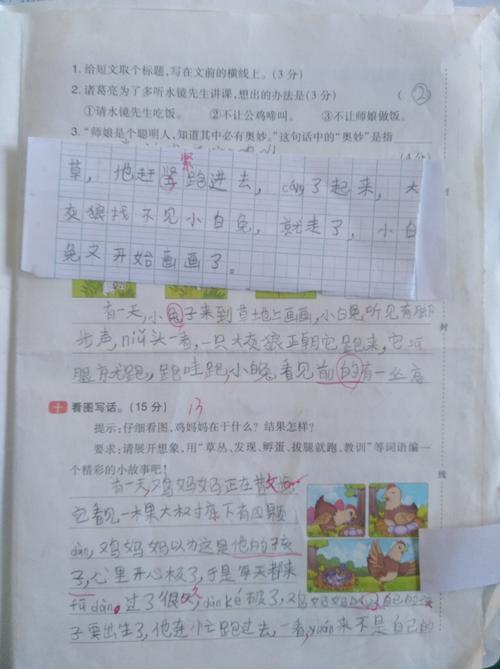 看图写话:1.大灰狼和小白兔;2.鸡妈妈孵蛋