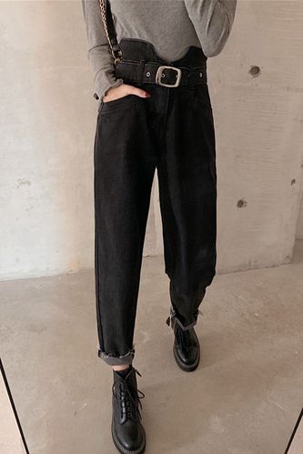 【可发货】宽松高腰抓绒牛仔裤女百搭显瘦老爹裤配腰带潮流