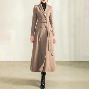 2021秋冬新款纯色毛呢大衣浅驼色气质翻领修身过膝中长款呢子外套