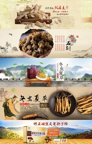 淘宝滋补品药材全屏海报模板海参冬虫夏草人参广告设计素材源文件