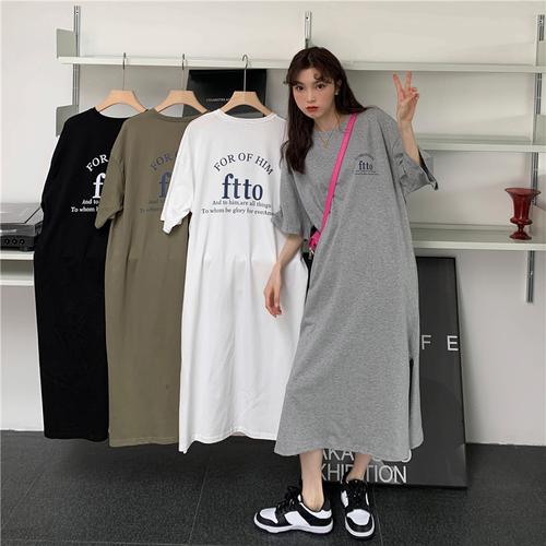 大码女装夏季新款胖mm韩版宽松显瘦短袖中长款过膝长裙学生连衣裙