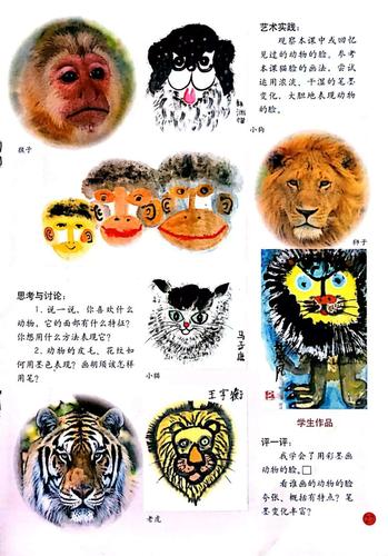 艺术实践:运用国画方法表现动物的脸.