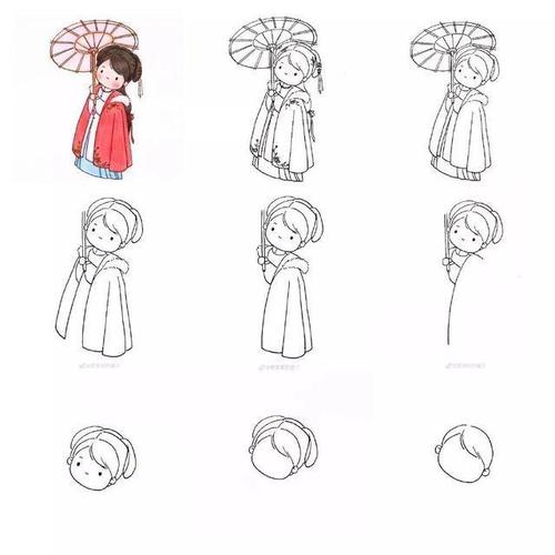 古风简笔画:穿汉服的q版人物简笔画,必备手账素材,附步骤