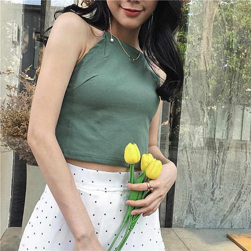 实拍实价 晚晚风极简复古露肩露锁骨显瘦修身挂脖吊带背心