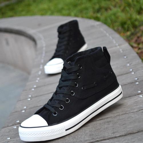 夏季韩版男生高帮帆布鞋 英伦风潮鞋男士高邦鞋休闲鞋纯黑色男鞋