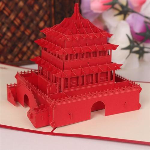 西安钟楼生日立体春节贺卡 旅游剪纸 中国风新年送客户商务卡片-淘宝
