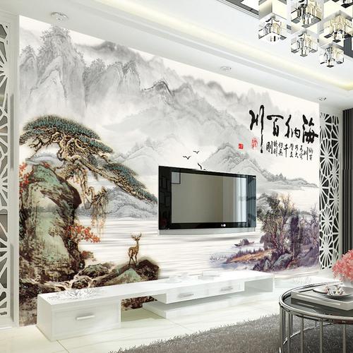 大型壁画电视背景墙壁纸壁画客厅卧室中式山水海纳百川
