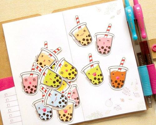珍珠奶茶贴纸 - 可爱q版珍奶手帐贴纸组15入 - 手绘贴纸 - 饮料小贴纸