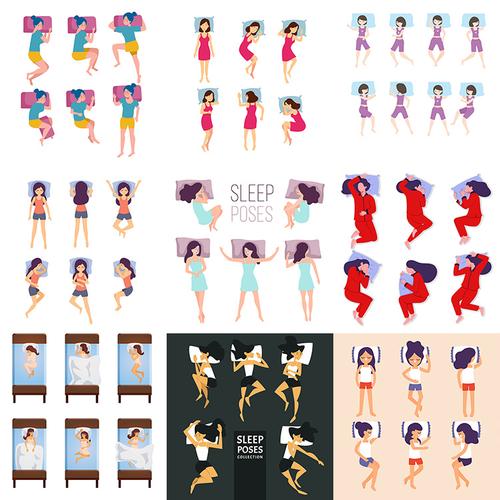 卡通女士睡姿扁平化女生床上睡觉姿势插画ai设计素材