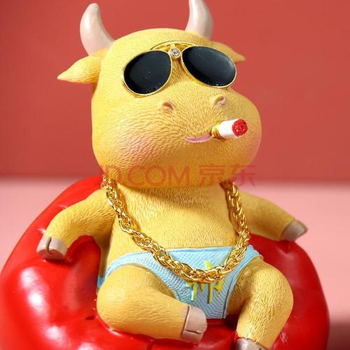 创意车载树脂社会牛哥牛年吉祥物发财牛家居桌面新年礼物 黄色牛 9.