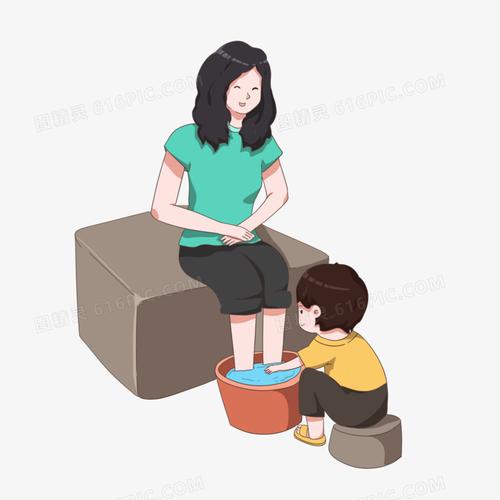 孝顺父母给妈妈洗脚卡通元素人物