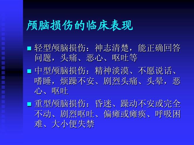 不愿说话, 嗜睡,烦躁不安,剧烈头痛,头晕,恶 心,呕吐   重型颅脑损伤